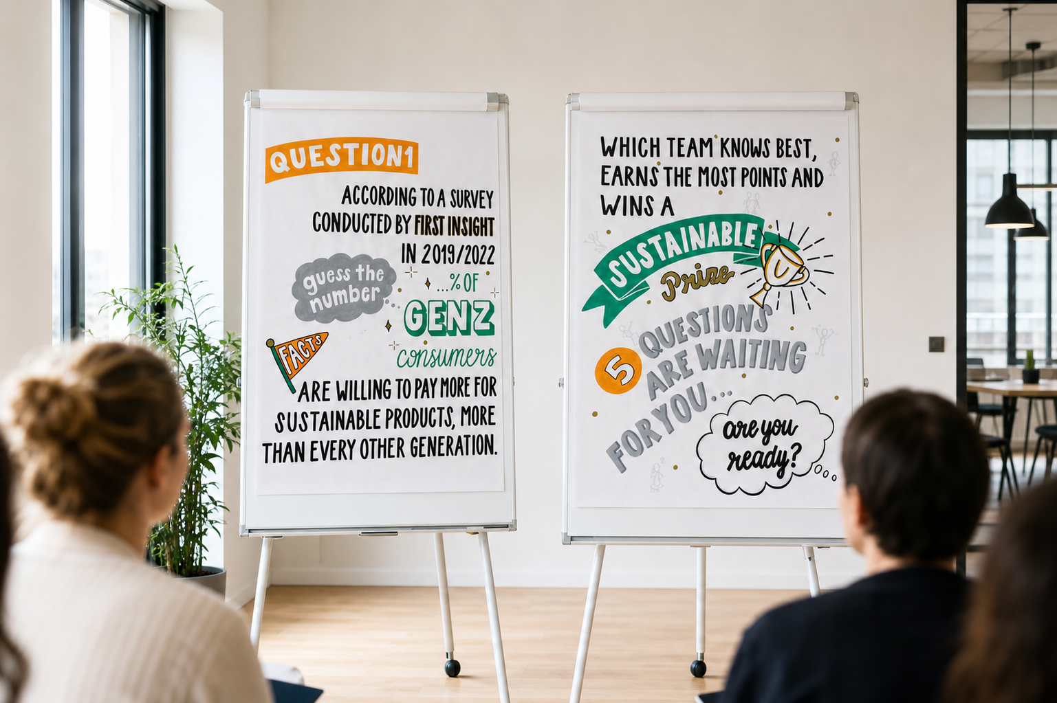 Two illustrated flipcharts presented in a professional workshop